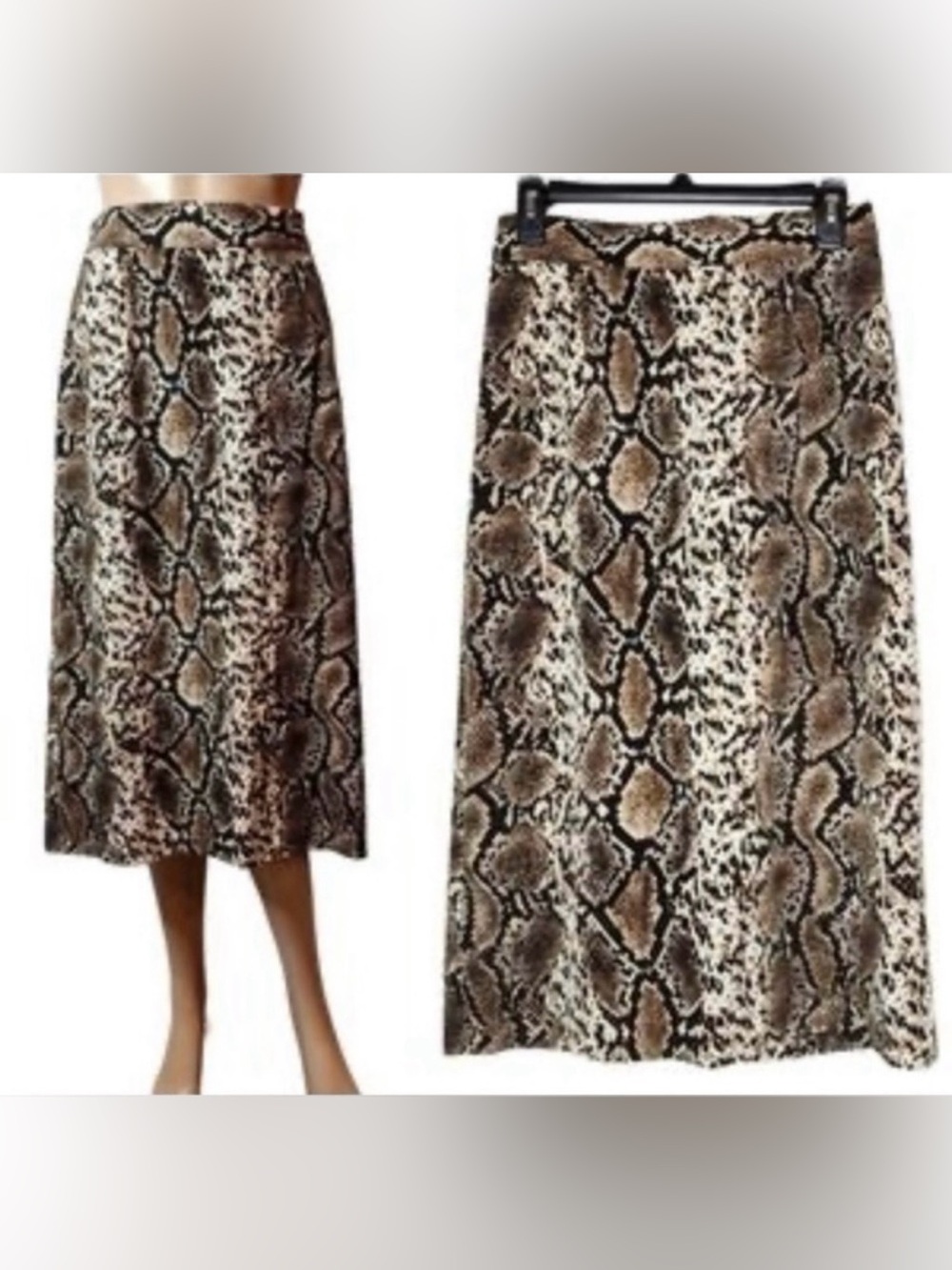 OAK + FORT Brown and Black Snake-Print Midi Skirt